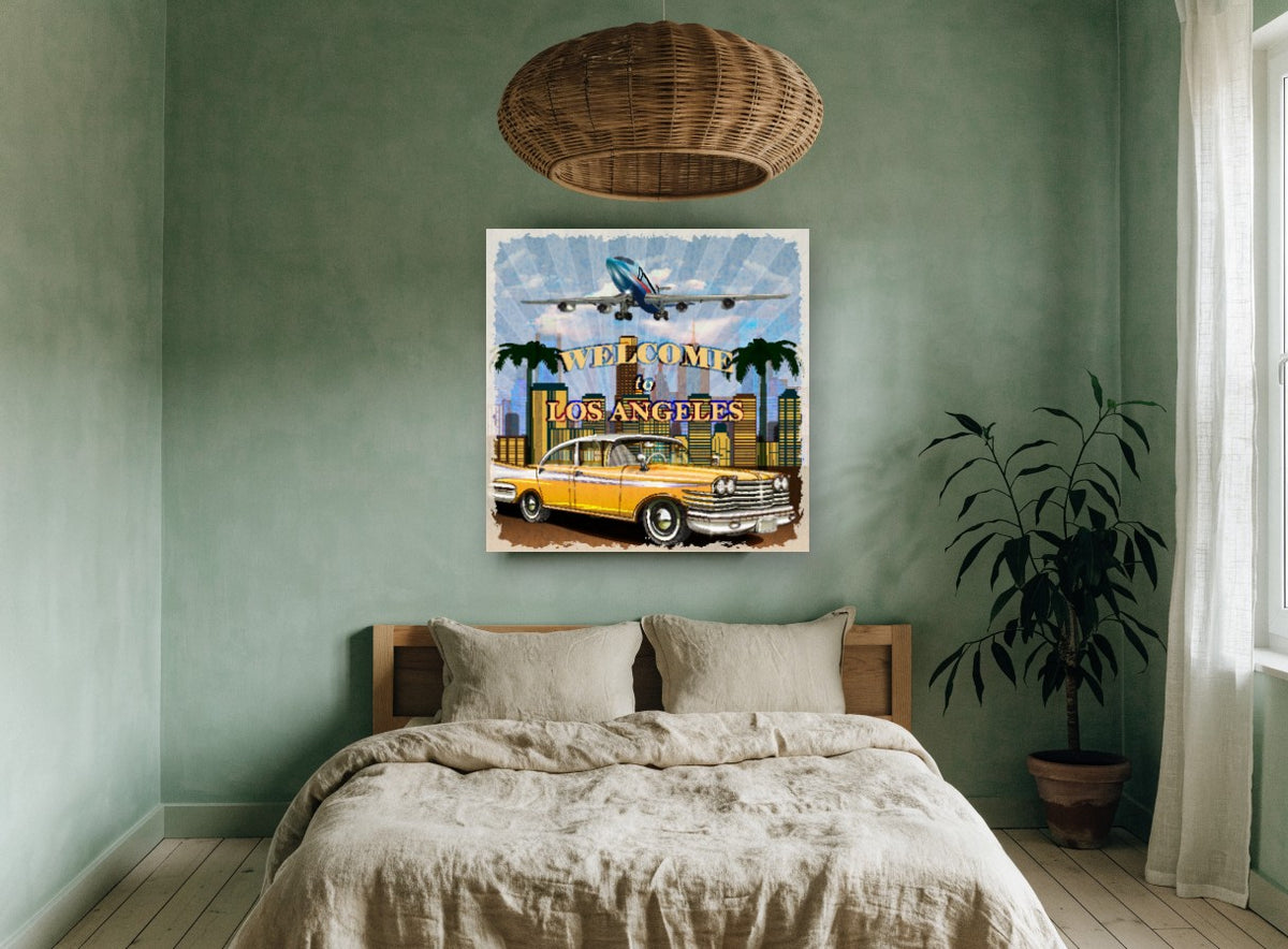Welcome to Los Angeles vintage canvas print on the wall of a bedroom