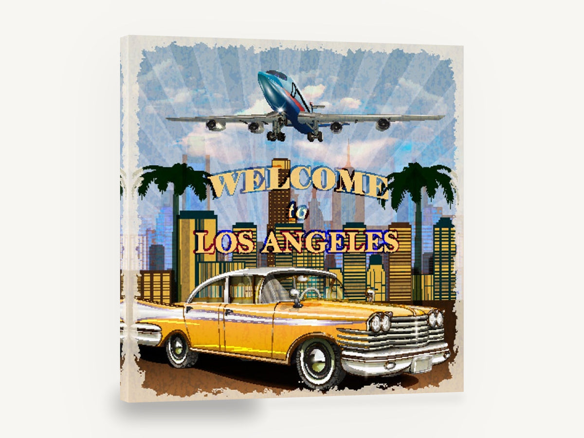 Welcome to Los Angeles, retro los angeles travel poster, stretched canvas wall art print ready to hang