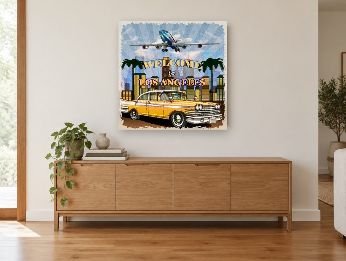 Welcome to Los Angeles vintage canvas print on the wall of a living room above a sideboard