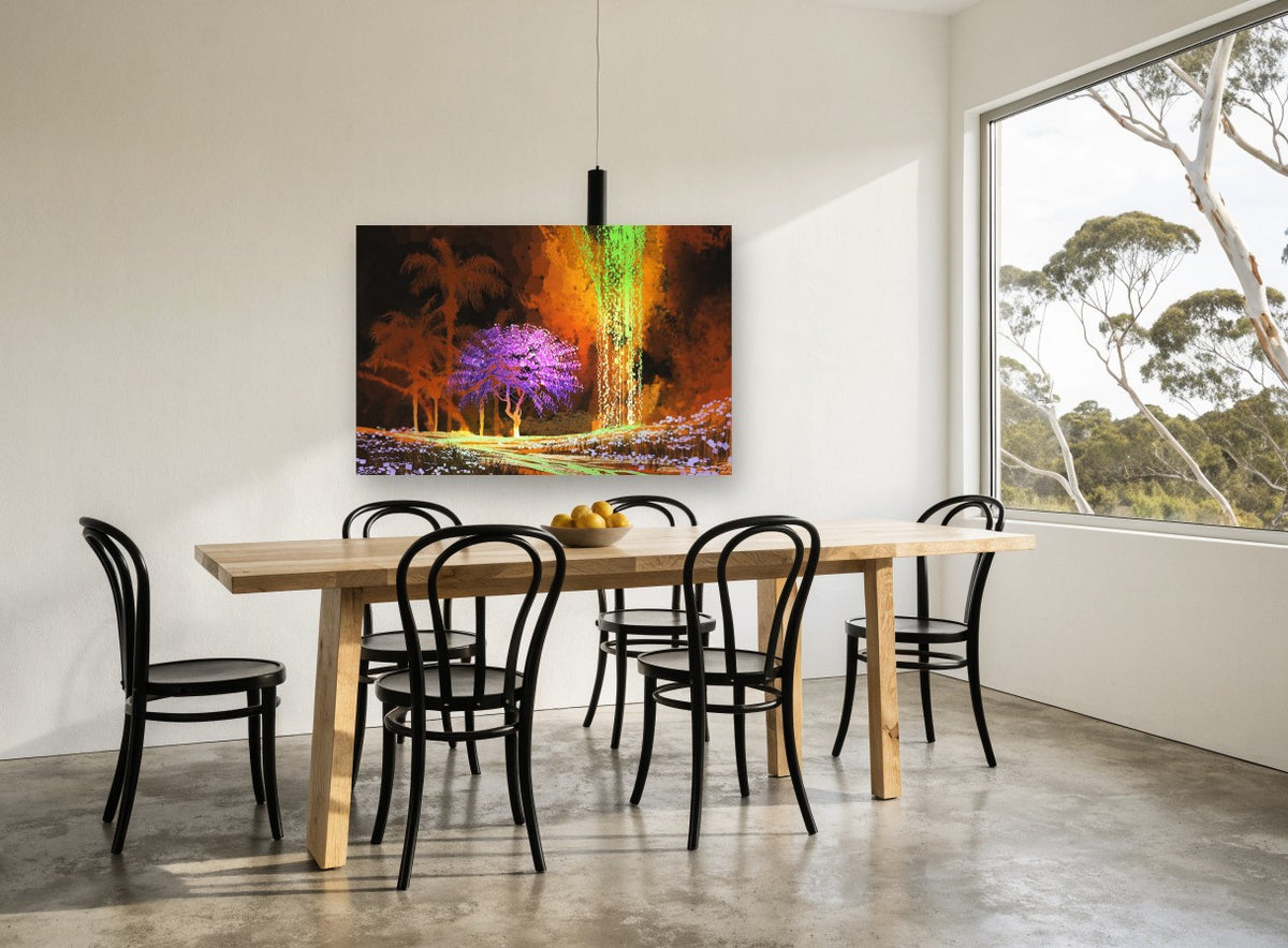 Violet Tree Cavern landscape canvas print on the wall of a dining room