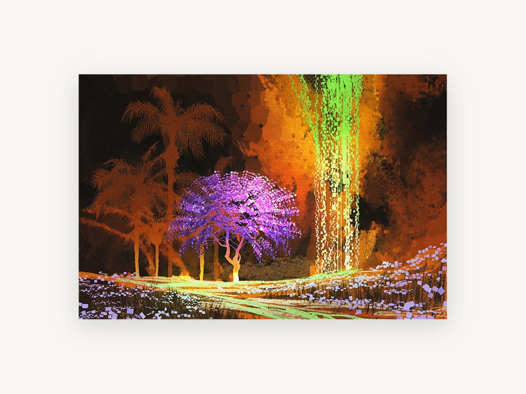 Violet Tree Cavern, purple tree cave waterfall digital art, landscape canvas wall art print, front view