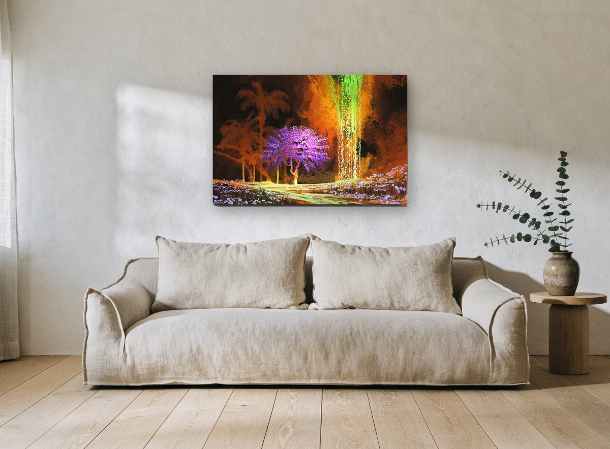 Violet Tree Cavern landscape canvas print on the wall of a living room