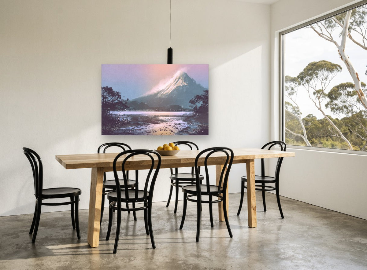 Dusk Over Snowy Peak landscape canvas print on the wall of a dining room
