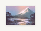Dusk Over Snowy Peak, snowy mountain lake dusk illustration, landscape canvas wall art print, front view