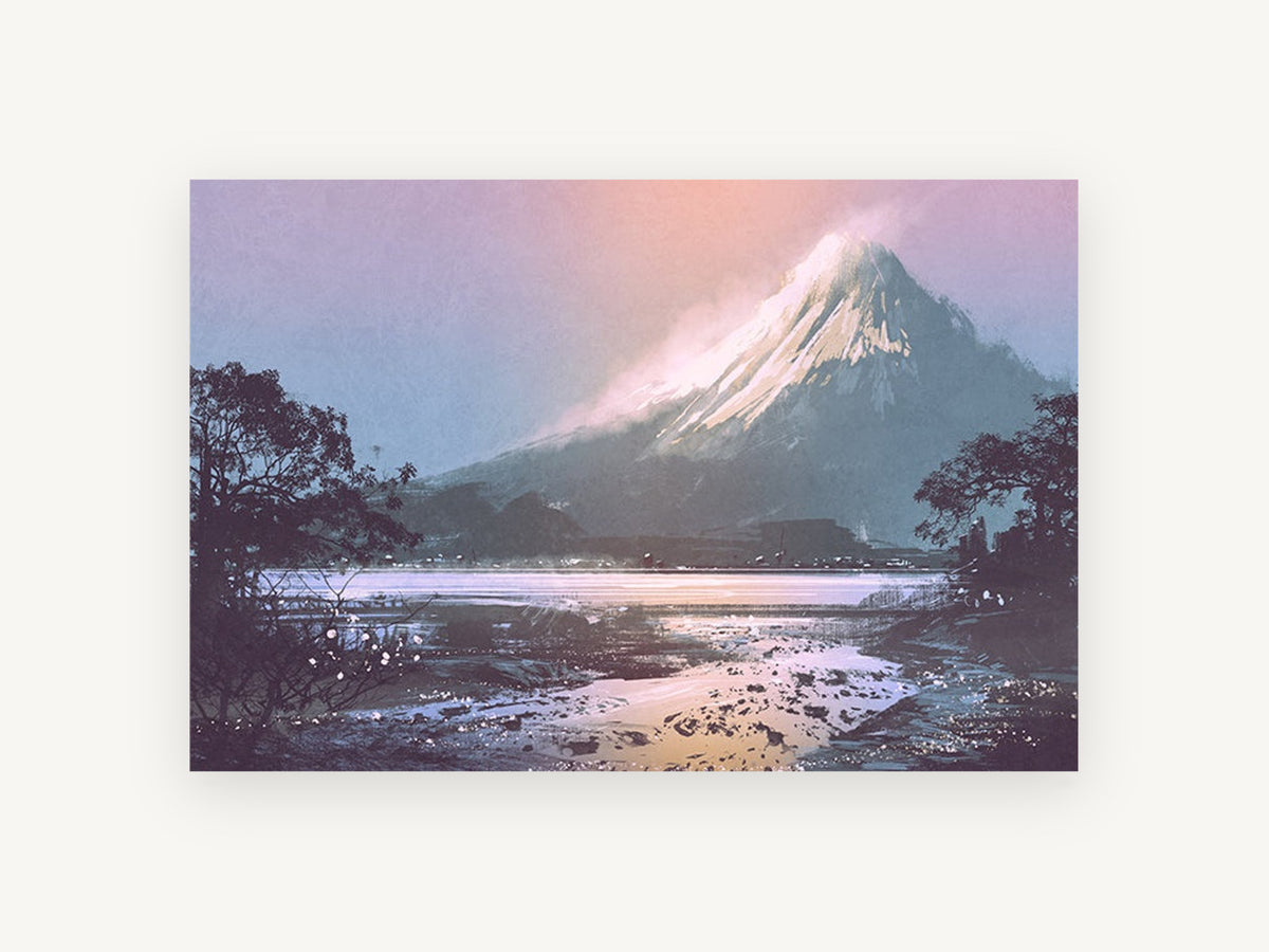 Dusk Over Snowy Peak, snowy mountain lake dusk illustration, landscape canvas wall art print, front view