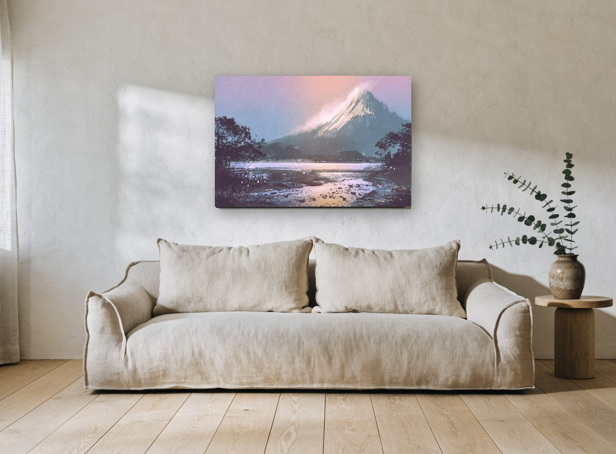 Dusk Over Snowy Peak landscape canvas print on the wall of a living room