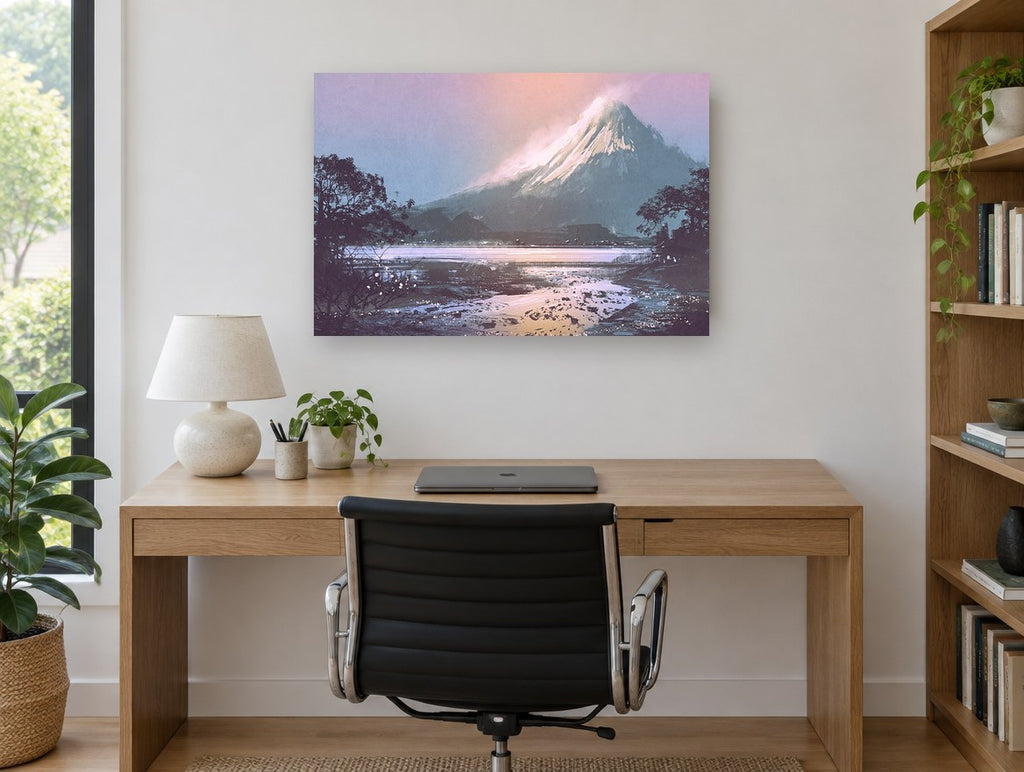 Dusk Over Snowy Peak landscape canvas print on the wall of a study