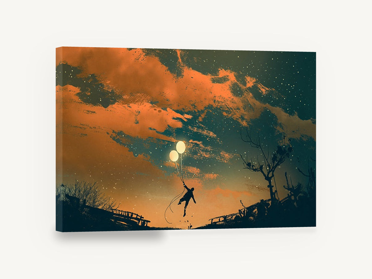 Balloon Flight at Dusk, man flying with balloon lights illustration, landscape canvas wall art print ready to hang