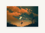 Balloon Flight at Dusk, man flying with balloon lights illustration, landscape canvas wall art print, front view