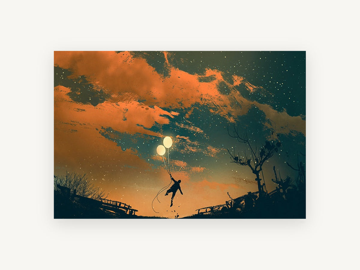 Balloon Flight at Dusk, man flying with balloon lights illustration, landscape canvas wall art print, front view
