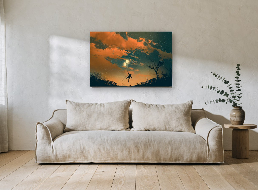 Balloon Flight at Dusk landscape canvas print on the wall of a living room
