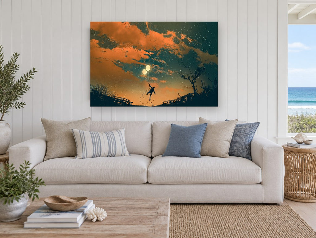 Balloon Flight at Dusk landscape canvas print on the wall of a beach house living room