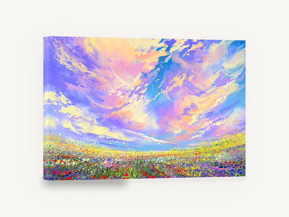 Wildflower Meadow Sky, colourful wildflower field sky painting, floral canvas wall art print ready to hang
