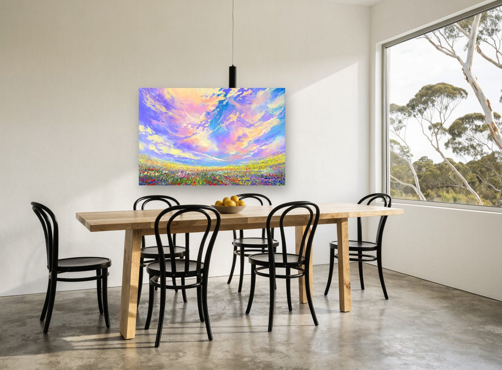 Wildflower Meadow Sky floral canvas print on the wall of a dining room