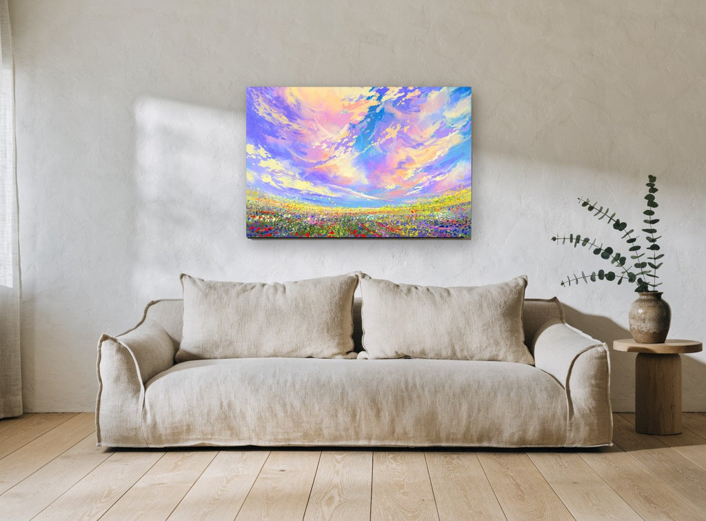 Wildflower Meadow Sky floral canvas print on the wall of a living room