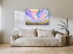Wildflower Meadow Sky floral canvas print on the wall of a living room
