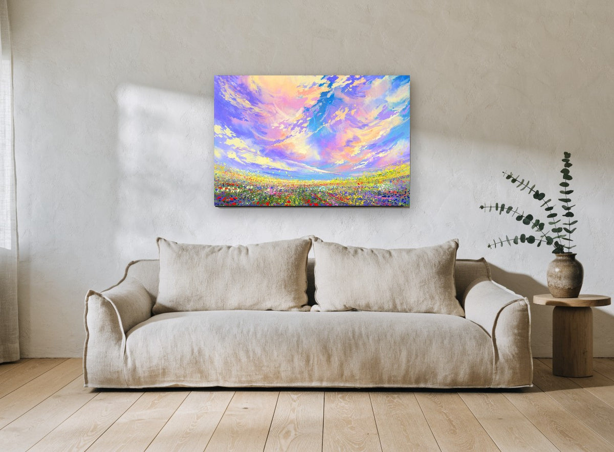 Wildflower Meadow Sky floral canvas print on the wall of a living room