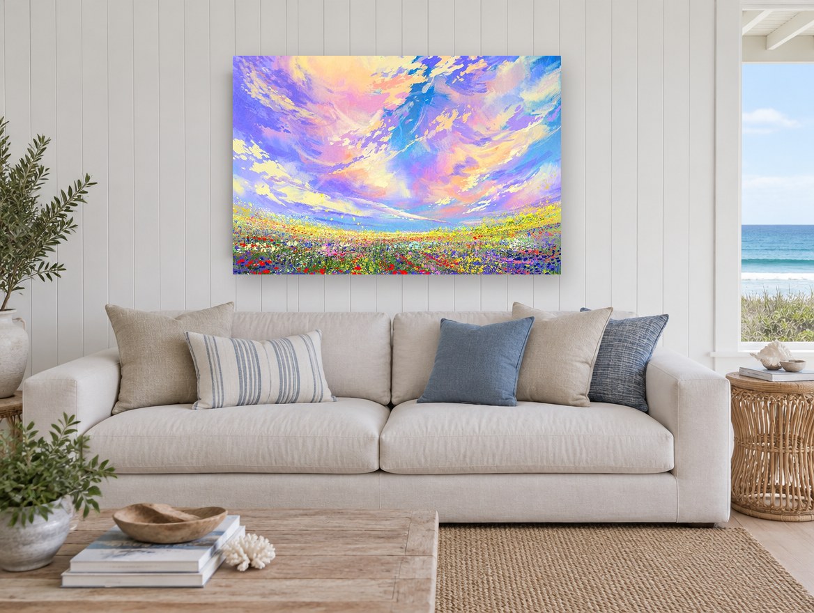 Wildflower Meadow Sky floral canvas print on the wall of a beach house living room