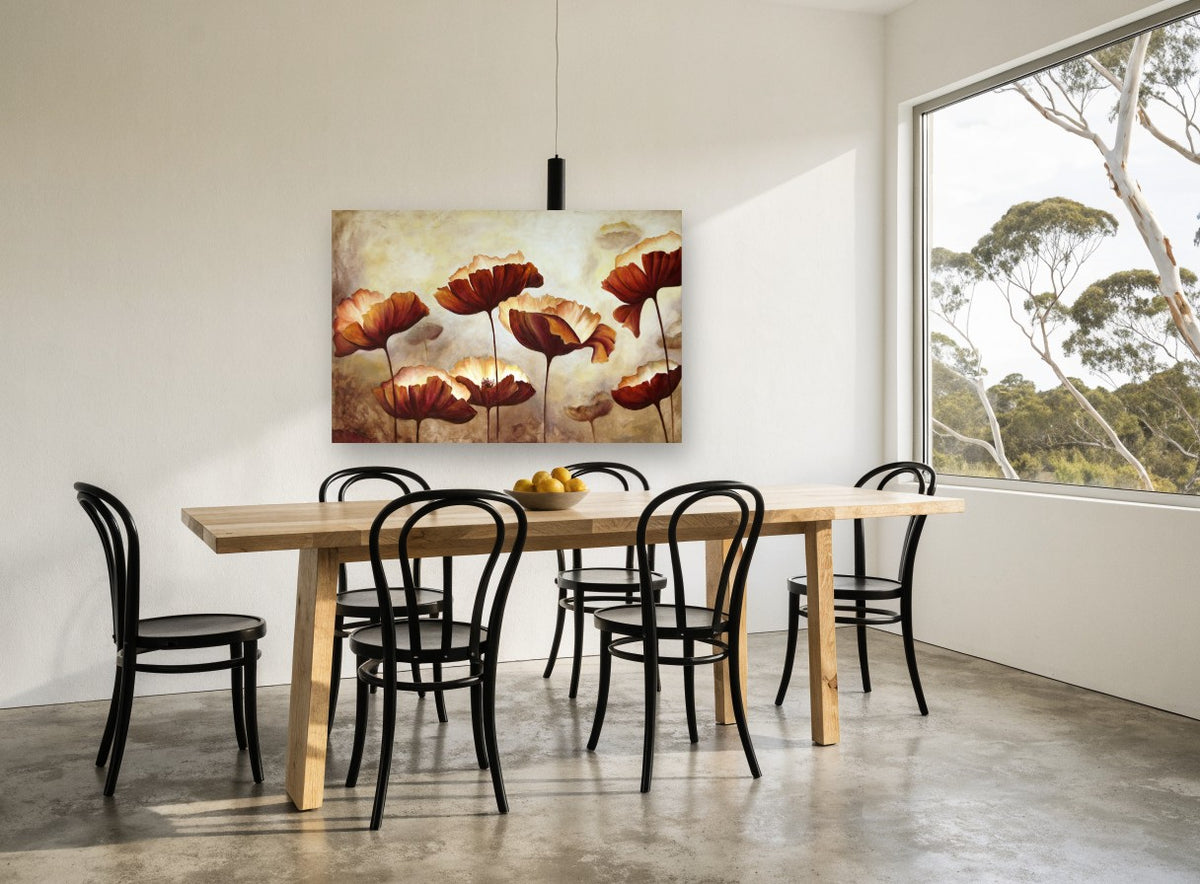 Rust Poppies at Dusk floral canvas print on the wall of a dining room