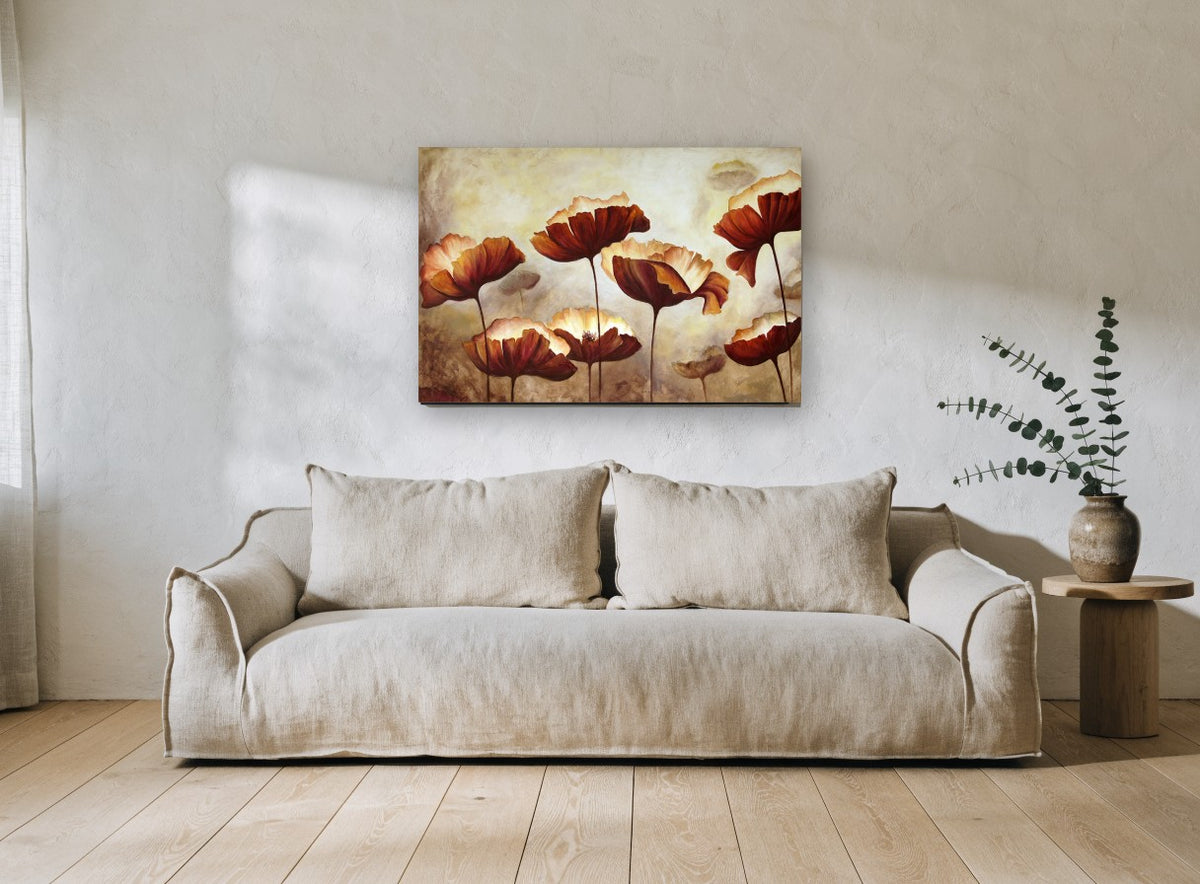 Rust Poppies at Dusk floral canvas print on the wall of a living room