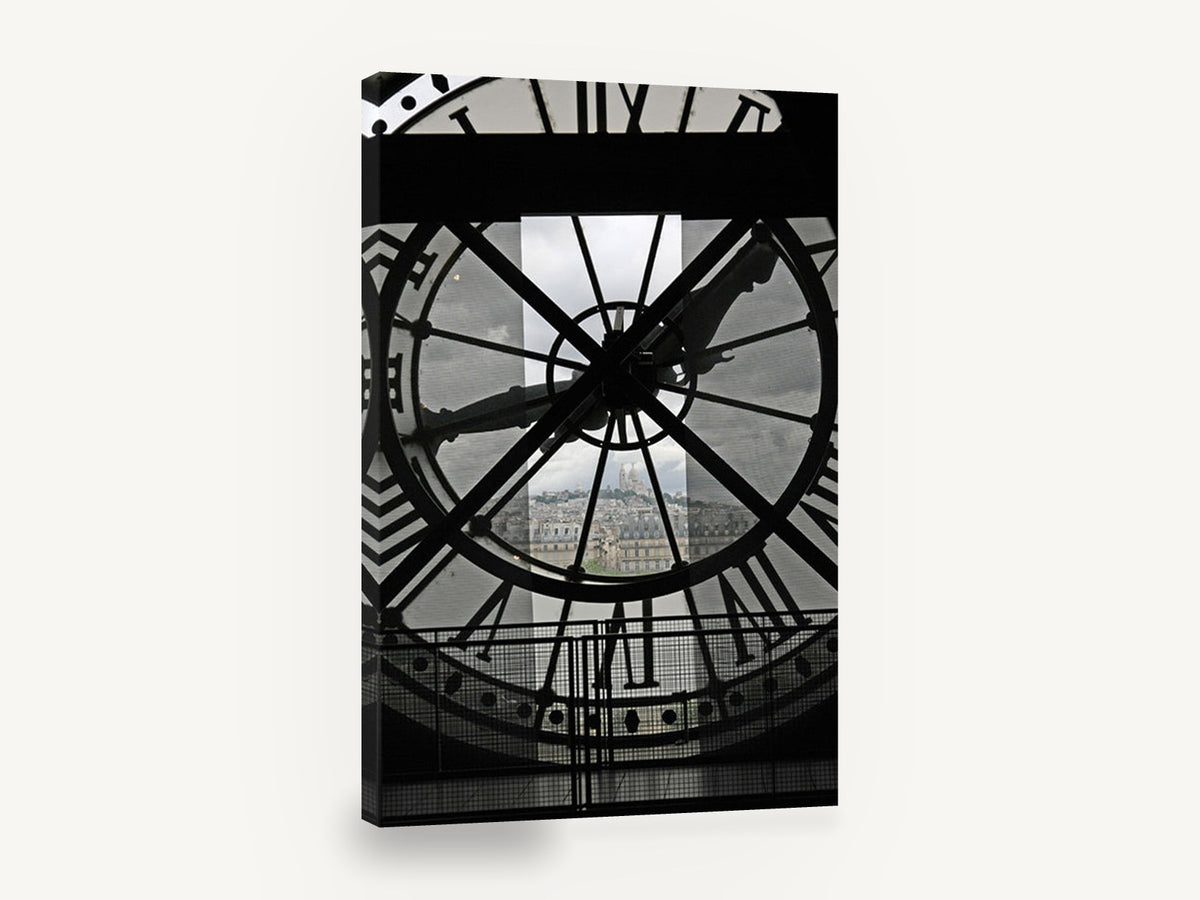 Paris Through the Clock, paris clock face black and white photograph, city canvas wall art print ready to hang