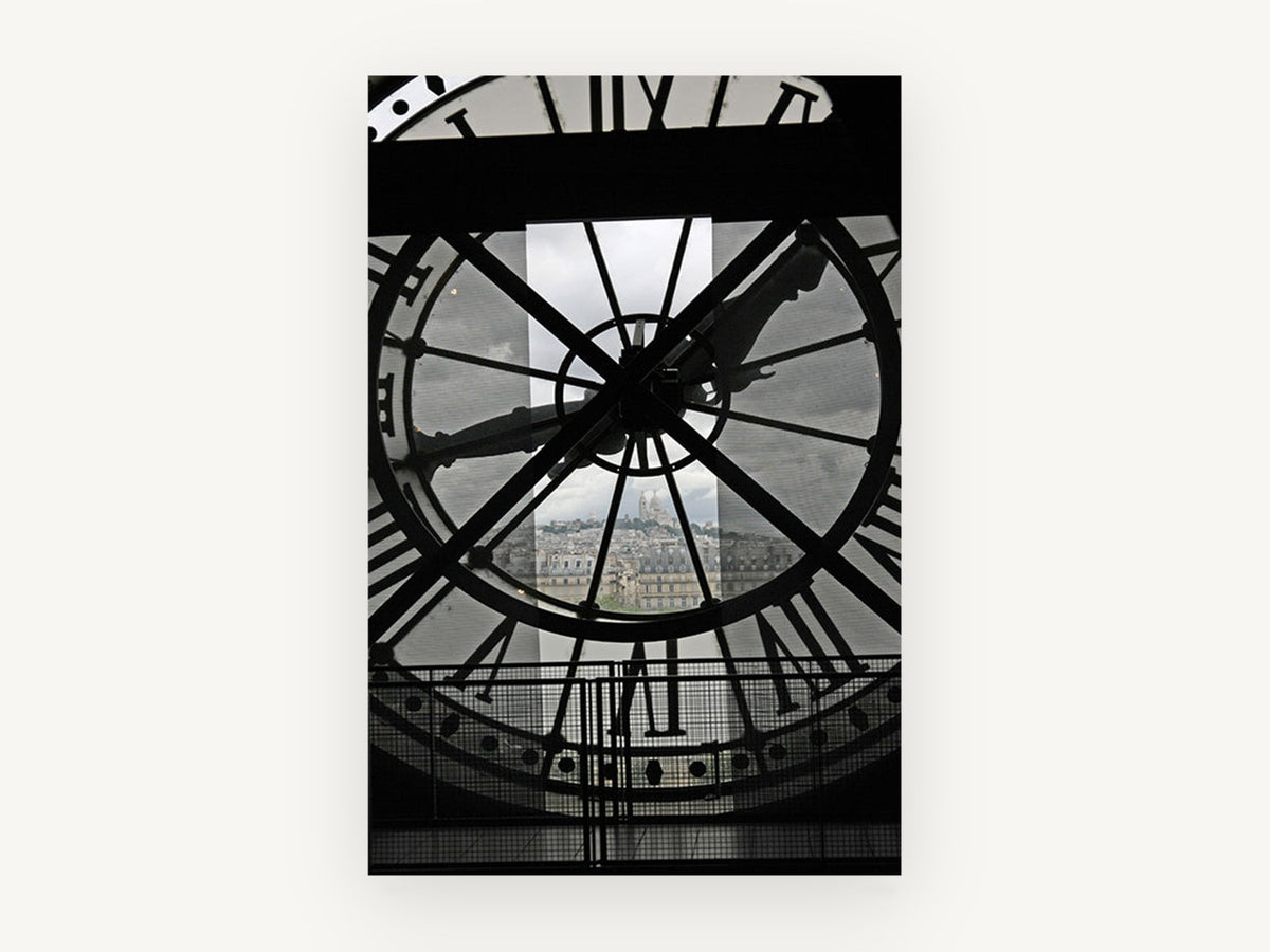 Paris Through the Clock, paris clock face black and white photograph, city canvas wall art print, front view