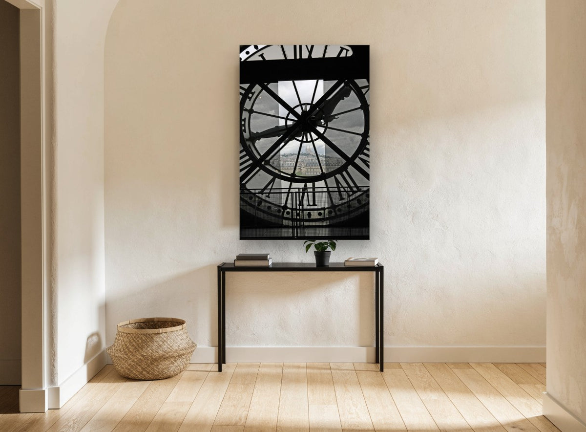 Paris Through the Clock city canvas print on the wall of a hallway