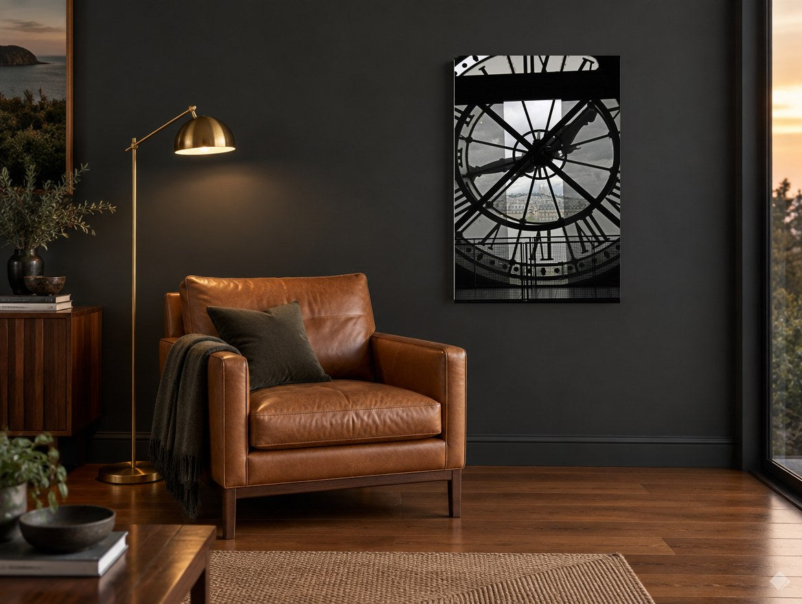 Paris Through the Clock city canvas print on the wall of a charcoal living room