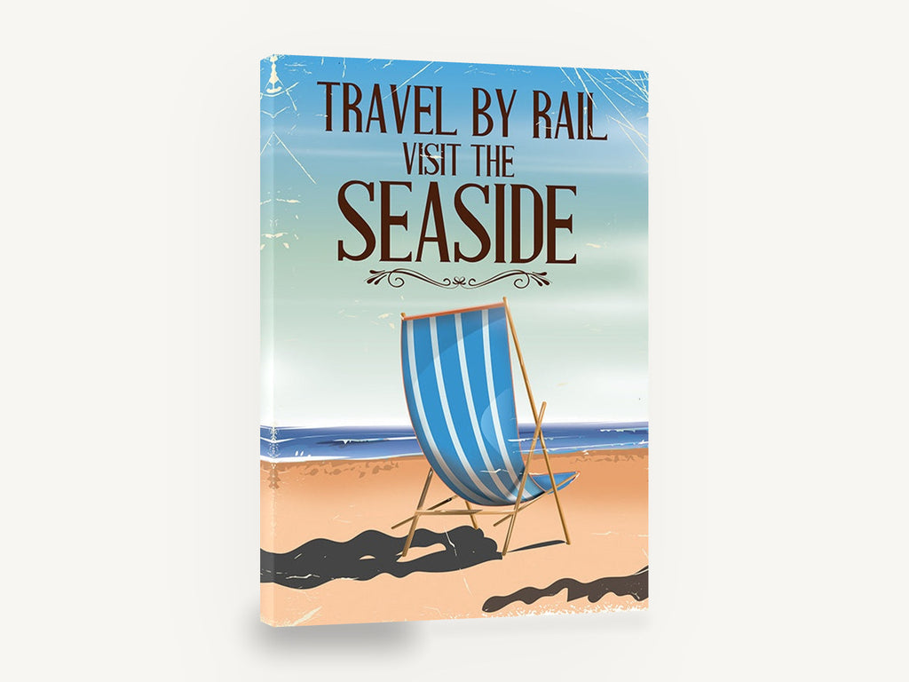Rail to the Seaside, retro seaside train travel poster, stretched canvas wall art print ready to hang