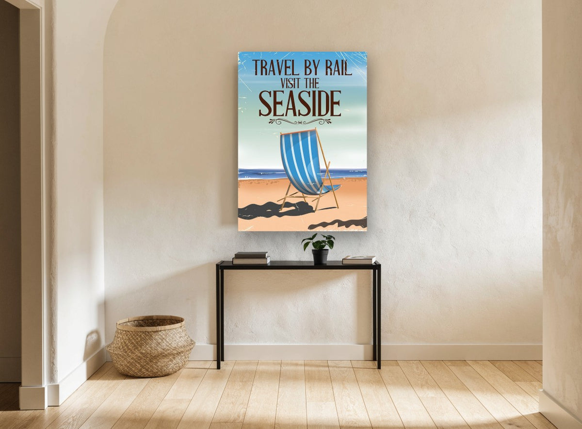 Rail to the Seaside vintage canvas print on the wall of a hallway