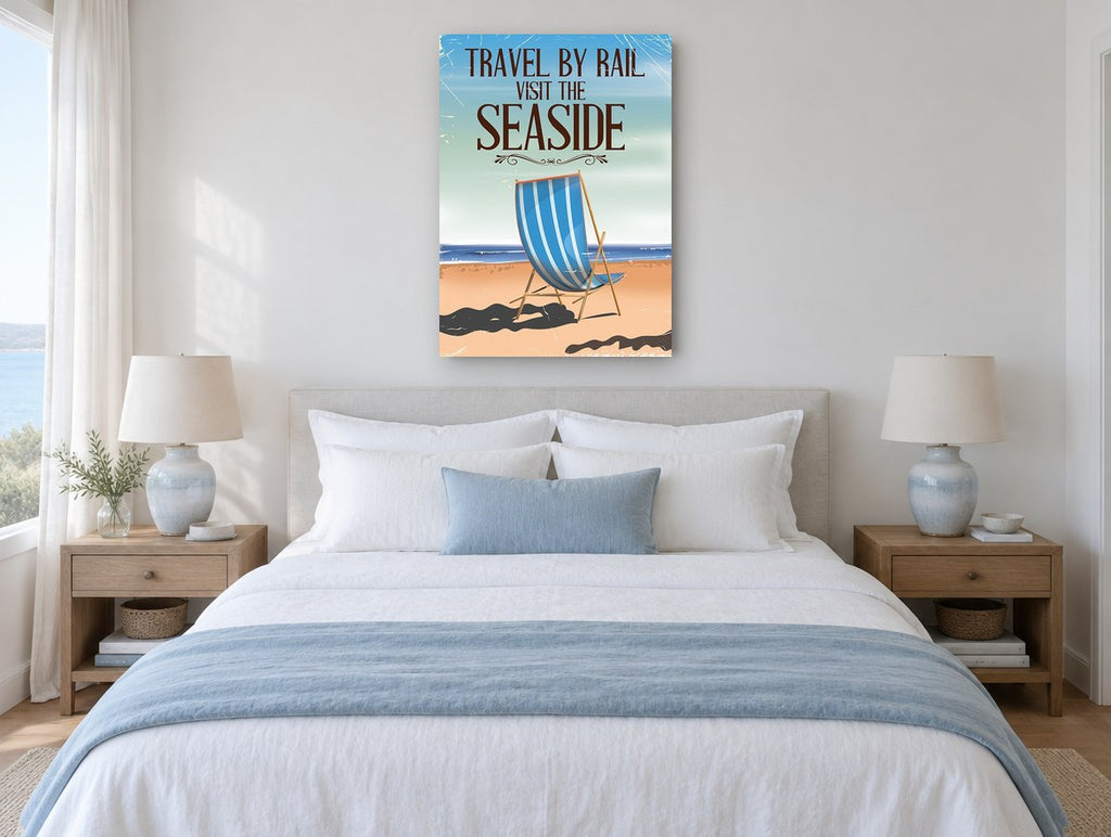 Rail to the Seaside vintage canvas print on the wall of a coastal bedroom