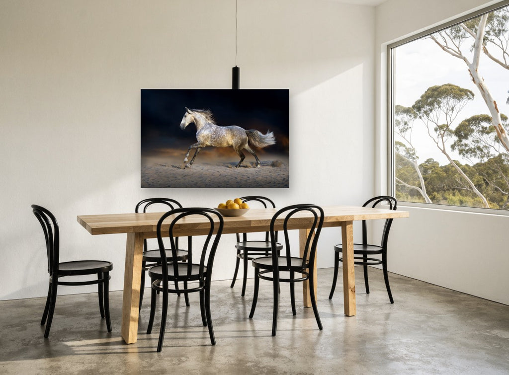 Dapple Grey Gallop animal canvas print on the wall of a dining room