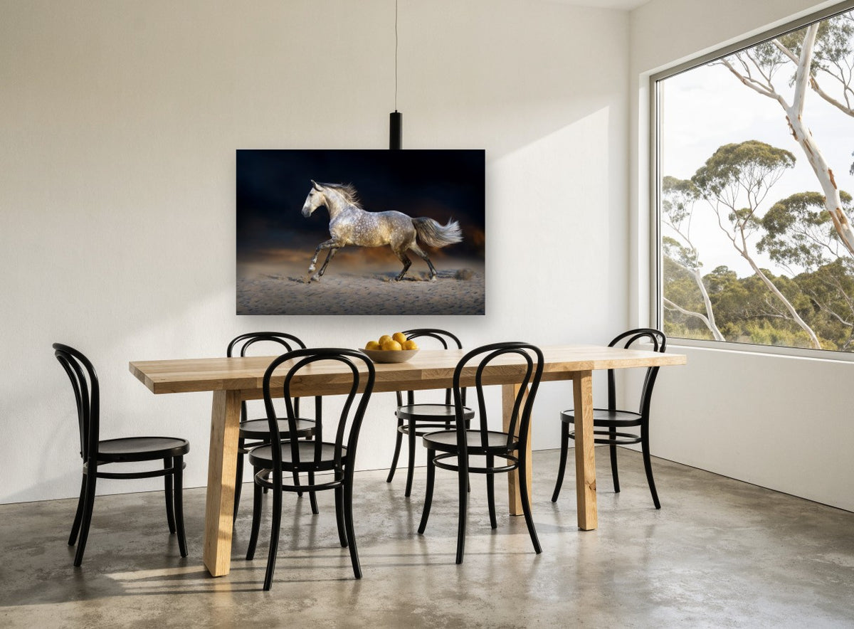 Dapple Grey Gallop animal canvas print on the wall of a dining room