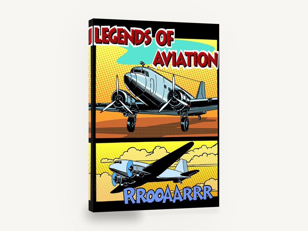 Legends of Aviation Comic, retro pop art propeller airplane poster, stretched canvas wall art print ready to hang
