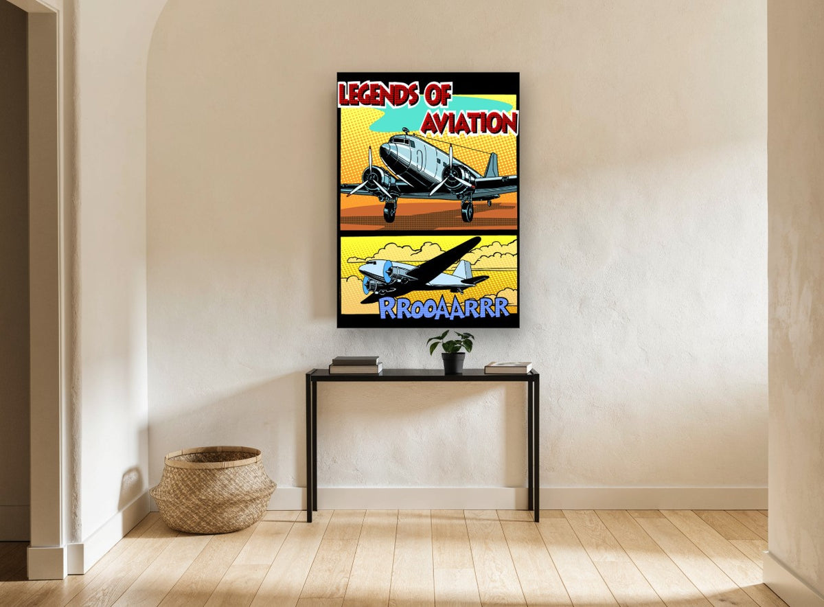 Legends of Aviation Comic vintage canvas print on the wall of a hallway