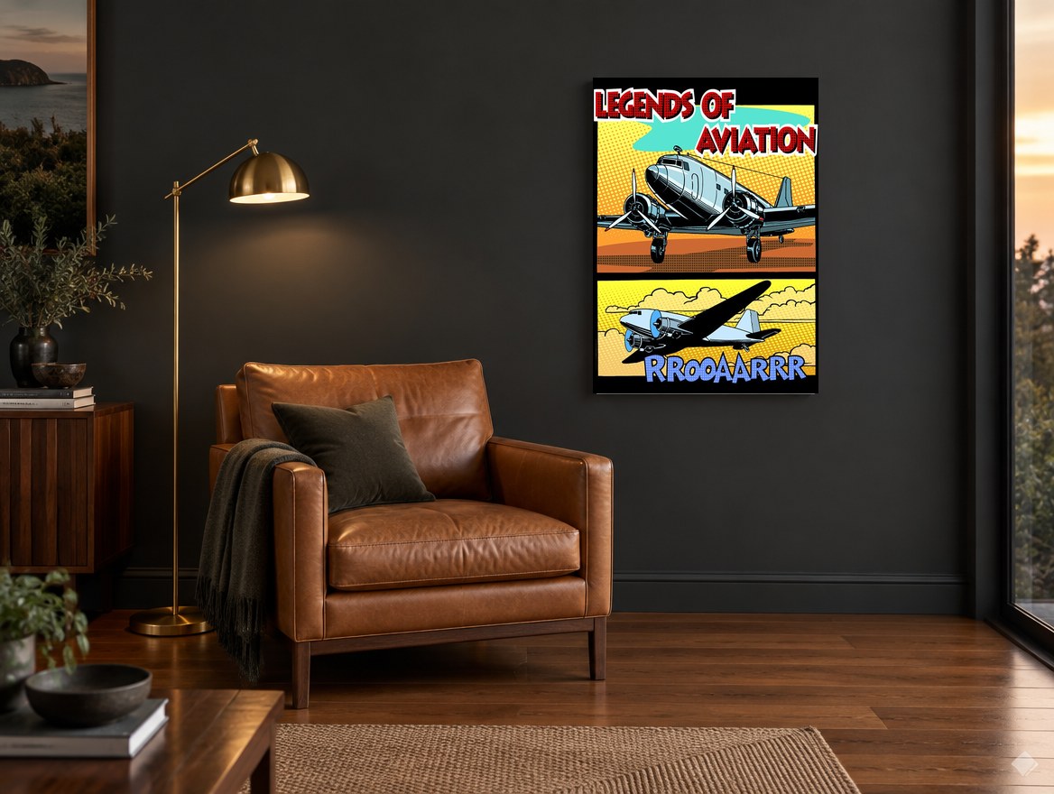 Legends of Aviation Comic vintage canvas print on the wall of a charcoal living room