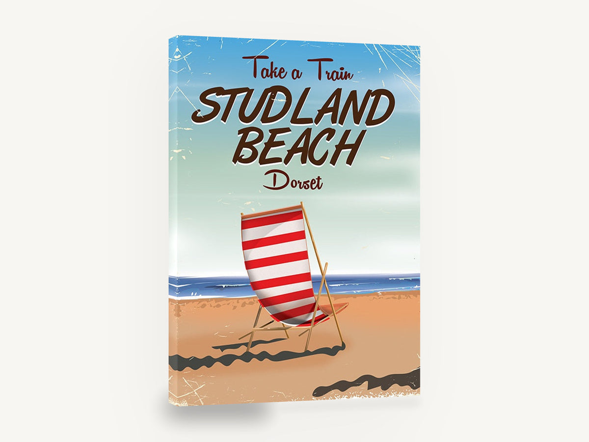 Studland Beach Deckchair, retro studland beach travel poster, stretched canvas wall art print ready to hang