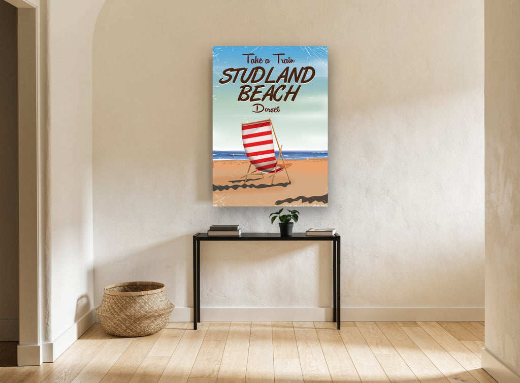 Studland Beach Deckchair vintage canvas print on the wall of a hallway