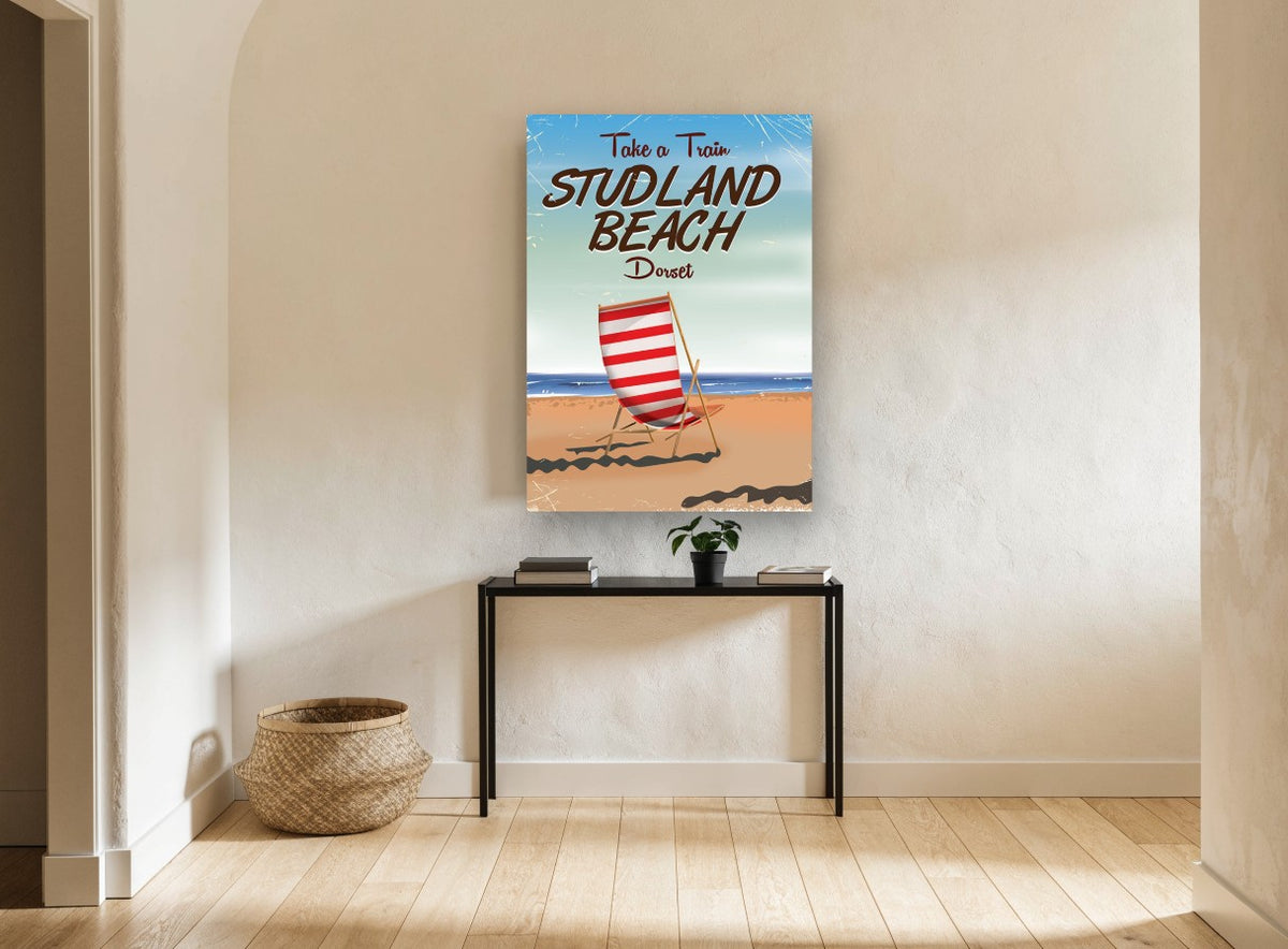 Studland Beach Deckchair vintage canvas print on the wall of a hallway