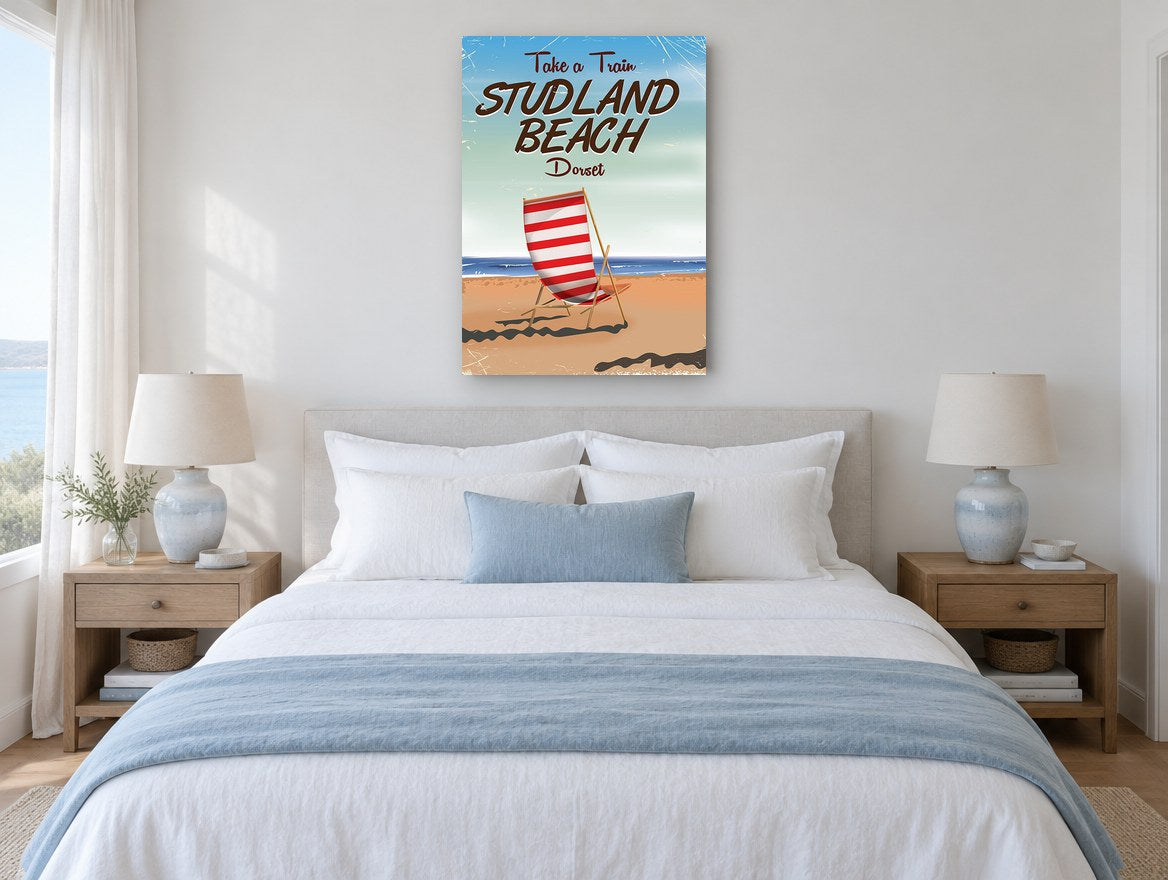 Studland Beach Deckchair vintage canvas print on the wall of a coastal bedroom