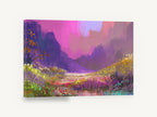 Violet Valley Bloom, colourful wildflower valley digital landscape, floral canvas wall art print ready to hang
