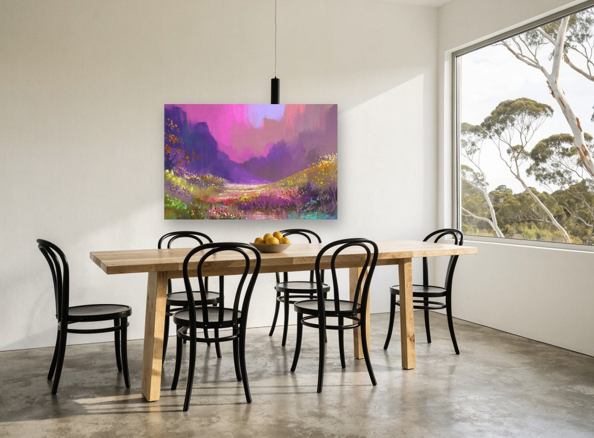 Violet Valley Bloom floral canvas print on the wall of a dining room