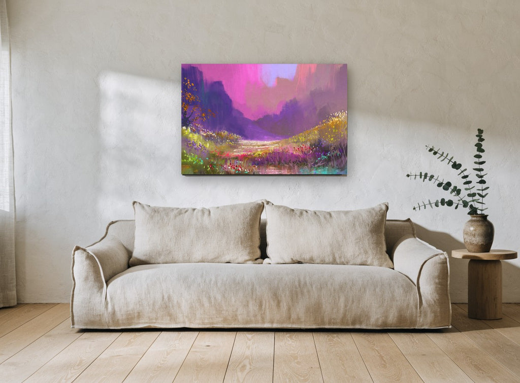Violet Valley Bloom floral canvas print on the wall of a living room
