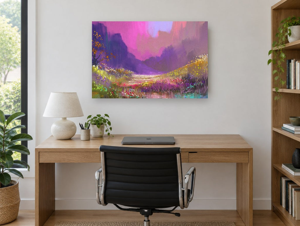 Violet Valley Bloom floral canvas print on the wall of a study
