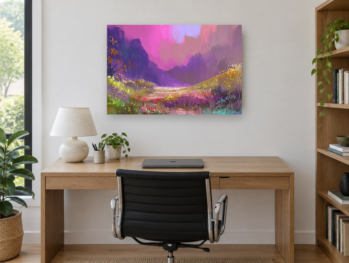 Violet Valley Bloom floral canvas print on the wall of a study