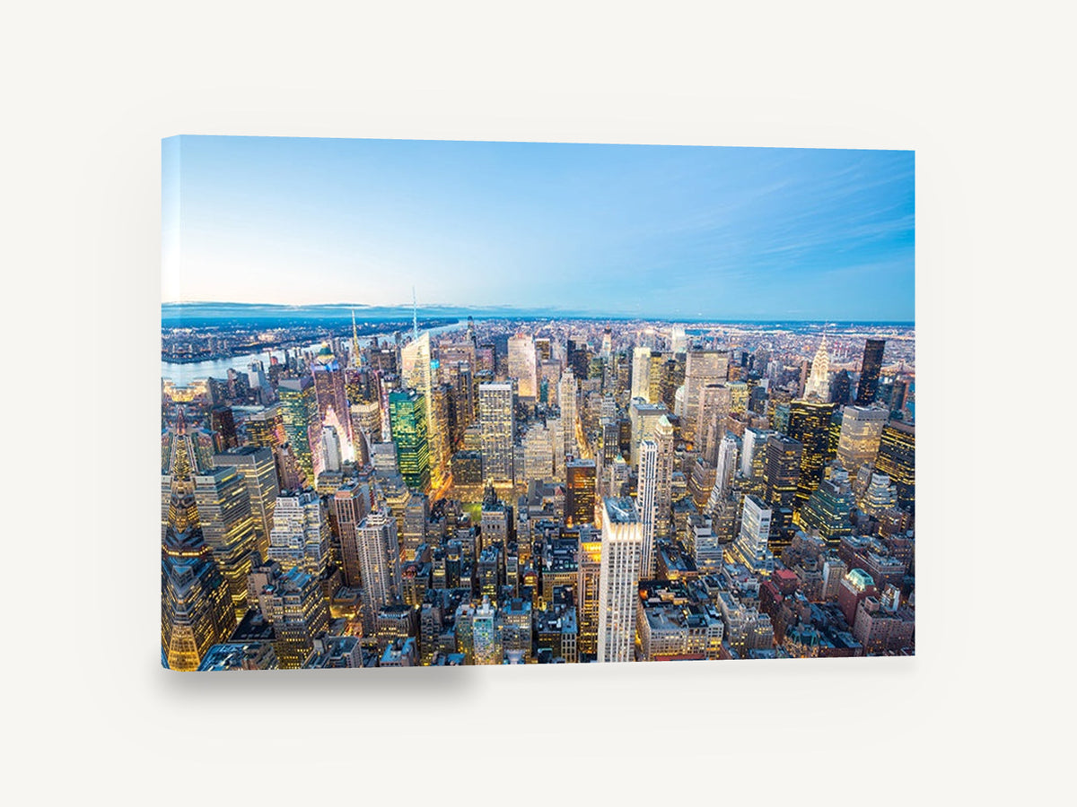 Midtown Blue Hour, new york aerial skyline at dusk photograph, city canvas wall art print ready to hang