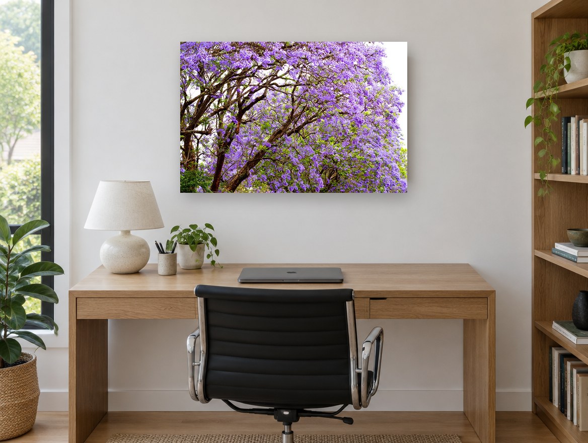 Jacaranda Canopy Bloom floral canvas print on the wall of a study