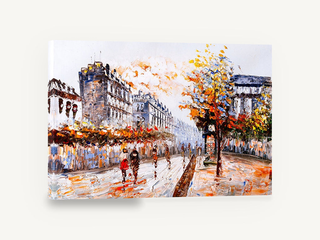 Autumn Boulevard Walk, paris street scene textured artwork, city canvas wall art print ready to hang