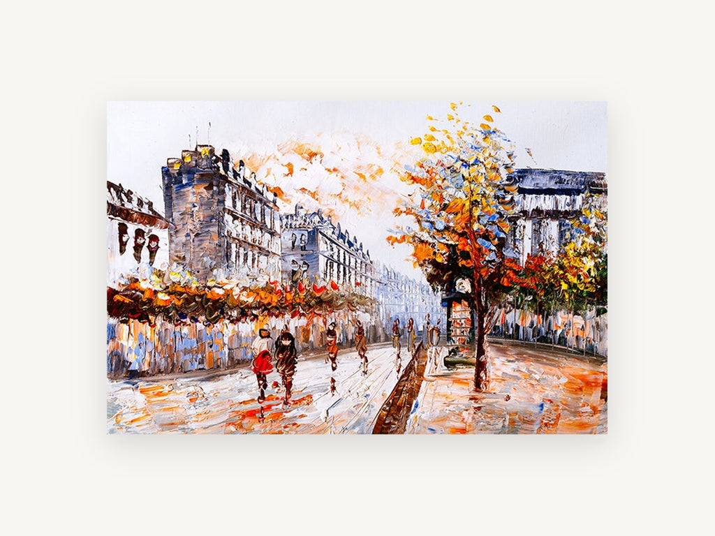 Autumn Boulevard Walk, paris street scene textured artwork, city canvas wall art print, front view
