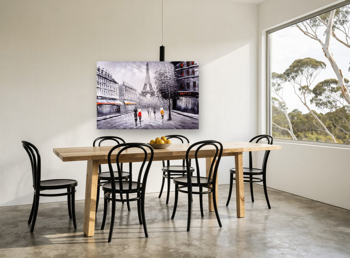 Paris Street in Grey and Red city canvas print on the wall of a dining room